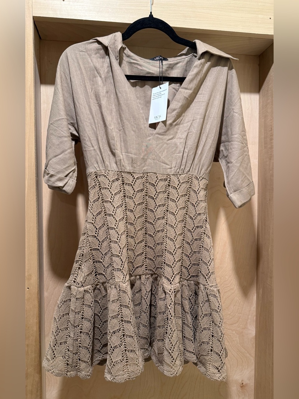 Neutral Crochet-Detail Mini Dress